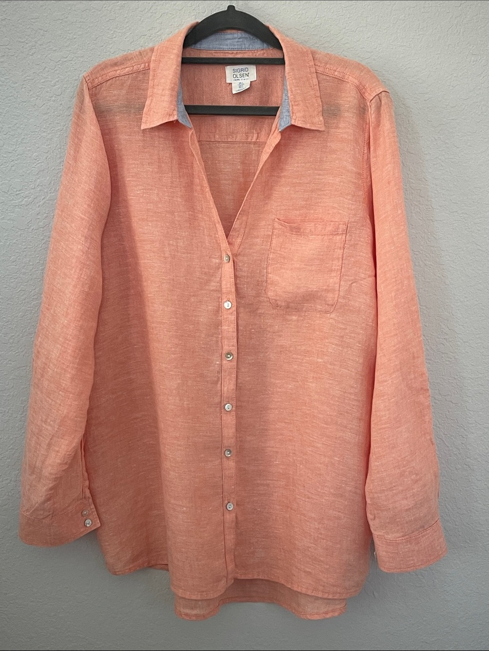 Sigrid Olsen 100% Linen Coral Button Down Shirt Large Roll Tab Sleeve